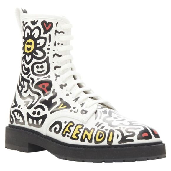Fendi Mr Doodle logo graffiti print laced combat ankle boot - Picture 2 of 6